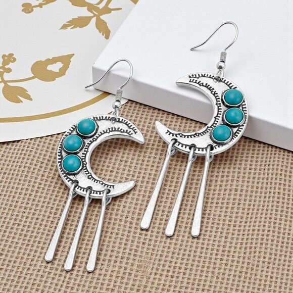 🆕️Mystic Boho Turquoise Crescent Moon Dangle Earrings Antique Silver Vibes - Picture 1 of 14